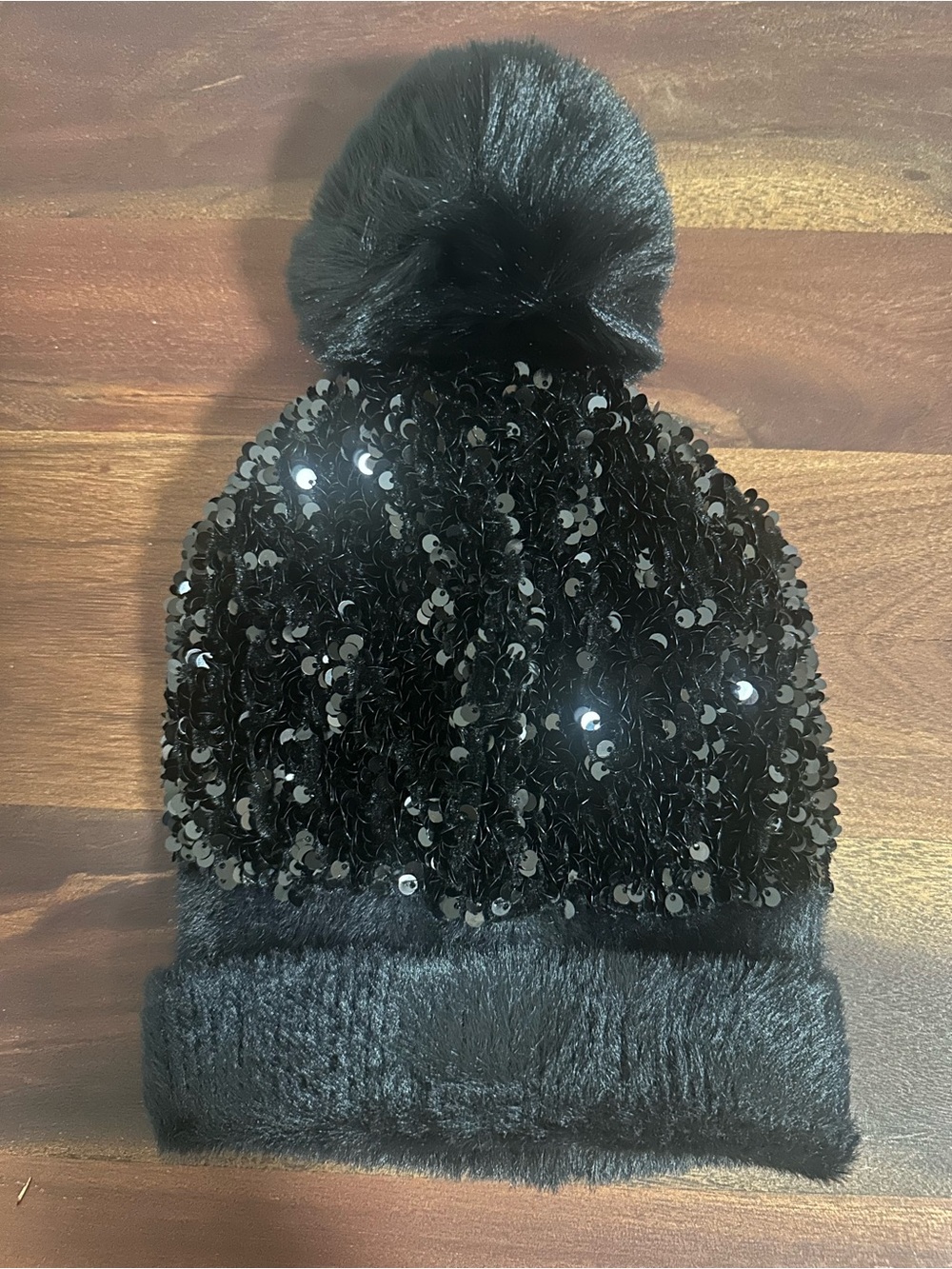 Black Sequin Pom Pom Beanie